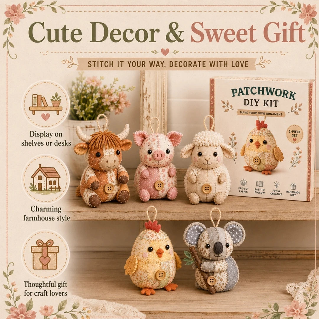 Patchwork Animal DIY Sewing Kit with cute animal ornaments and gift-ready packaging