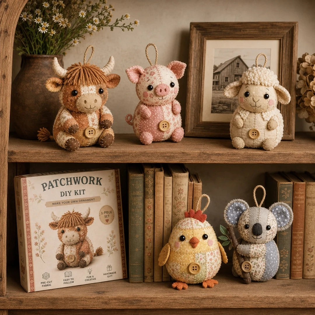 Customer-style image of patchwork animals styled on a shelf
