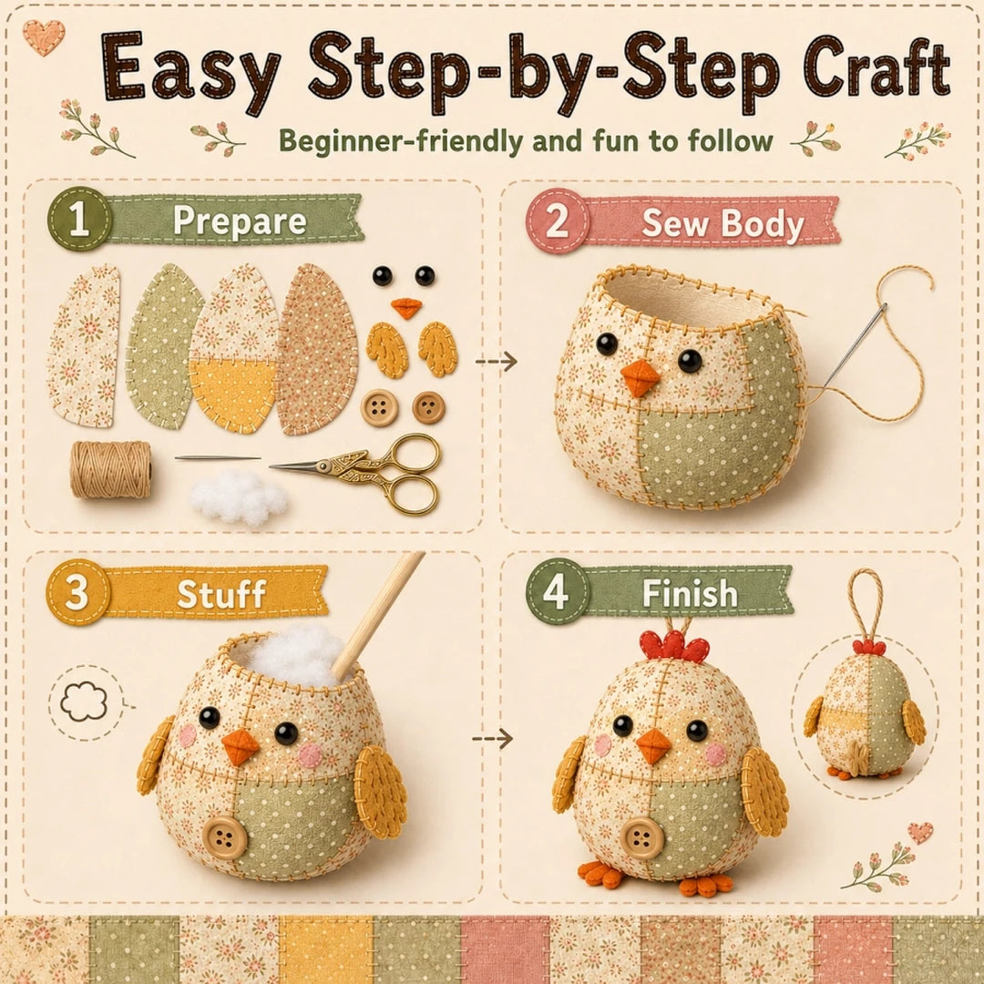 Step-by-step process for making the patchwork animal ornament