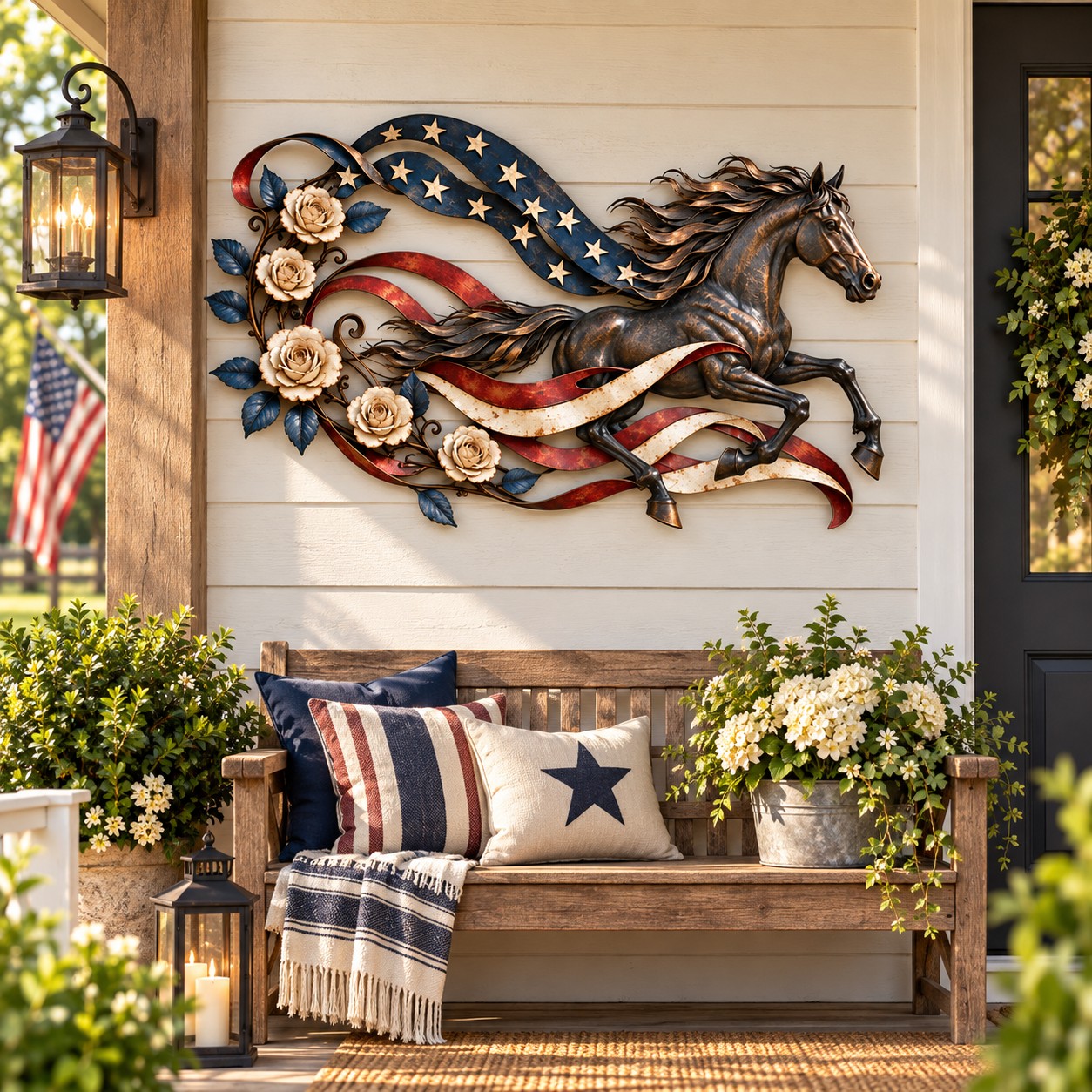 Patriotic horse metal wall decor displayed on a front porch