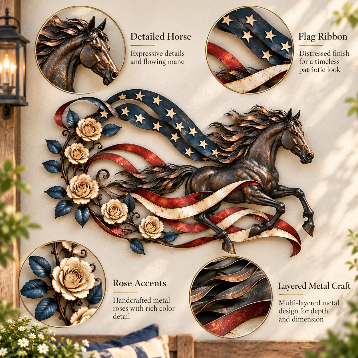 Close-up of horse, flag ribbon, roses and layered metal detail