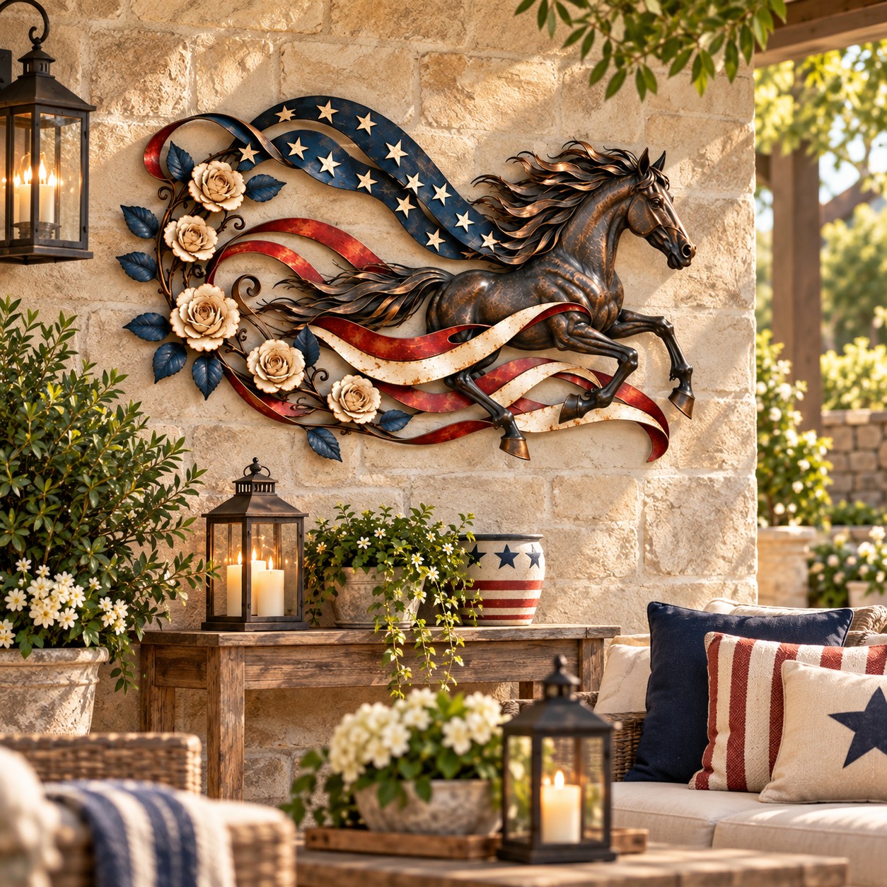 Patriotic horse metal decor styled on a stone patio wall