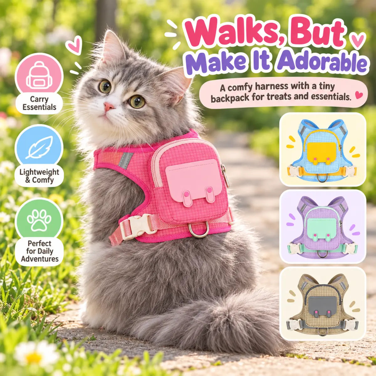 Cat wearing a pink mini backpack harness outdoors