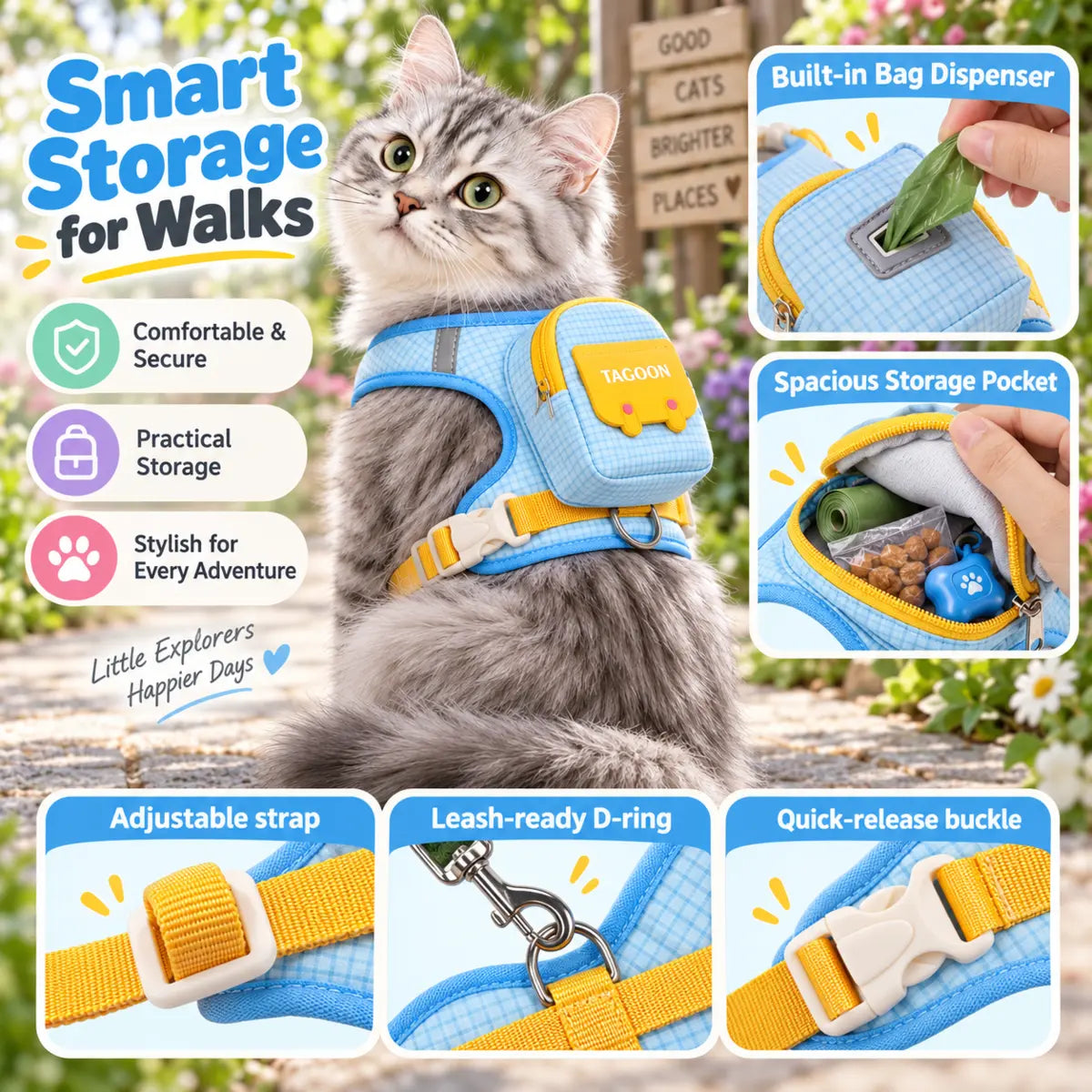 Mini backpack harness with storage pocket and built-in bag dispenser