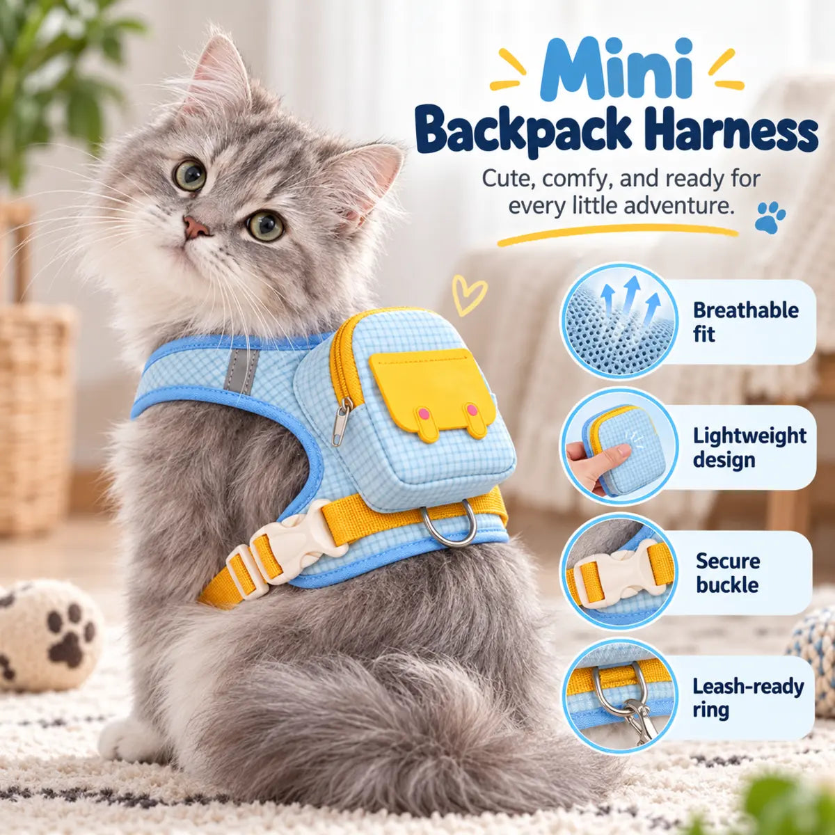 Breathable pet harness with adjustable strap, secure buckle and leash D-ring