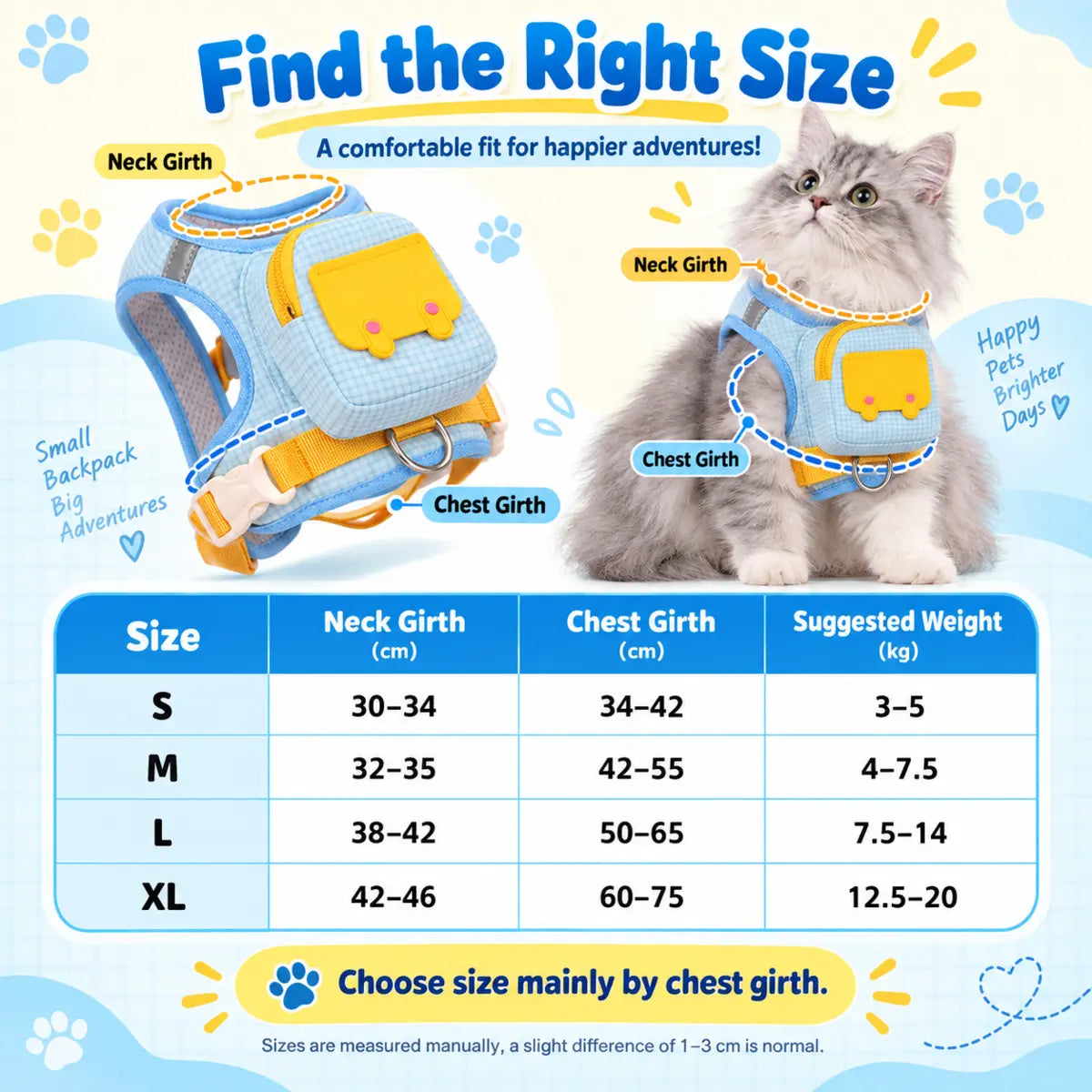 Size chart for S, M, L and XL mini backpack pet harnesses