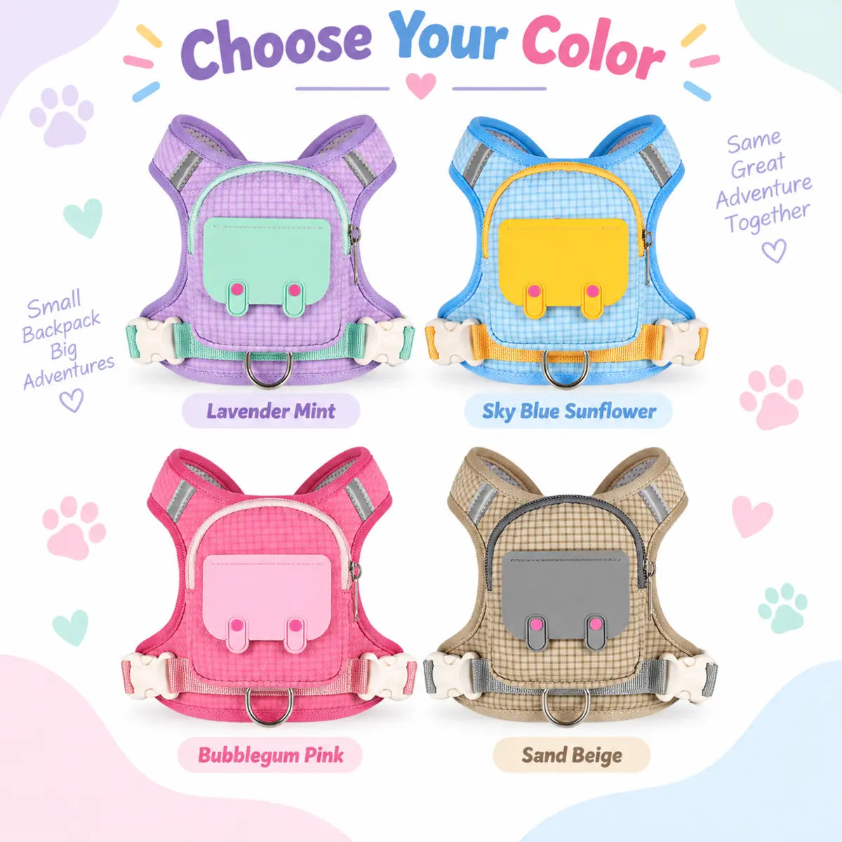 Four mini backpack pet harness color options