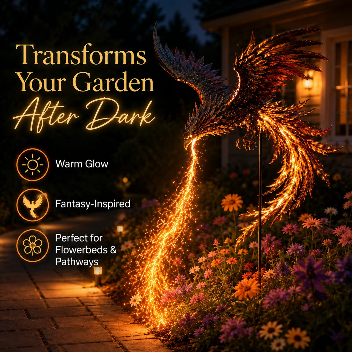 Flameborn phoenix garden stake glowing after dark