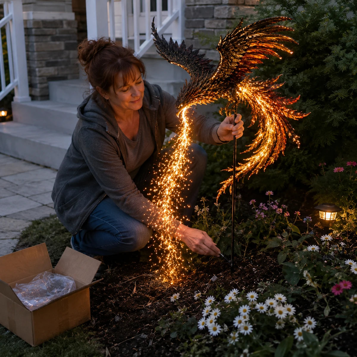 Customer installing phoenix garden stake near front garden