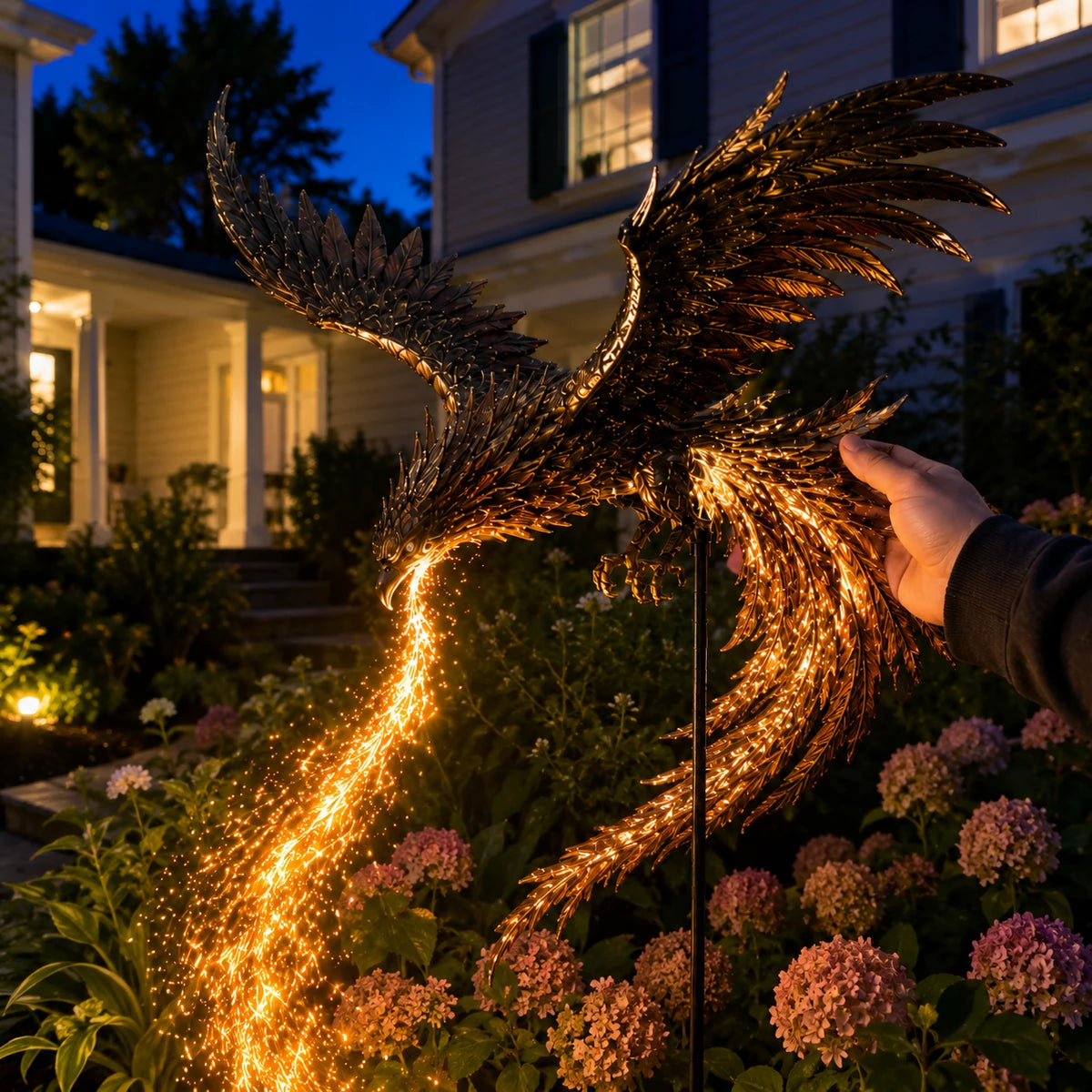 Customer checking glowing phoenix garden stake at night