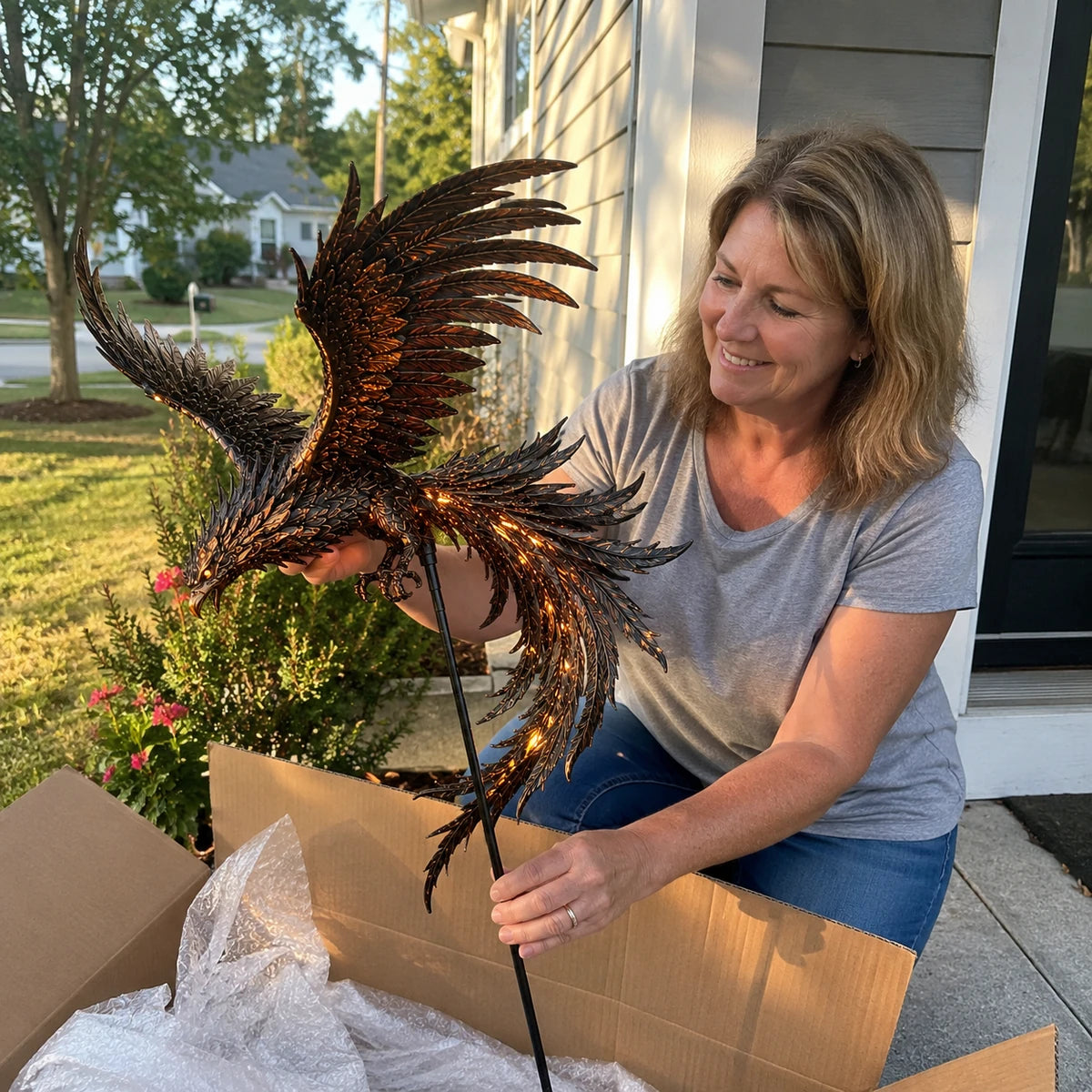 Customer holding phoenix garden stake after opening the package