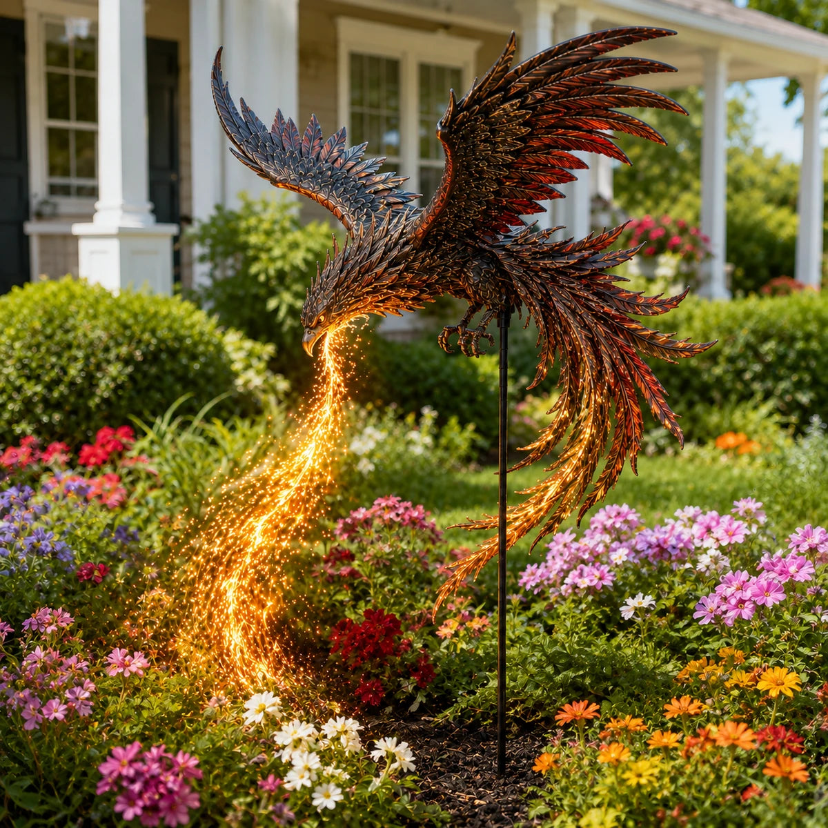 Phoenix garden stake displayed in a flower bed during daylight