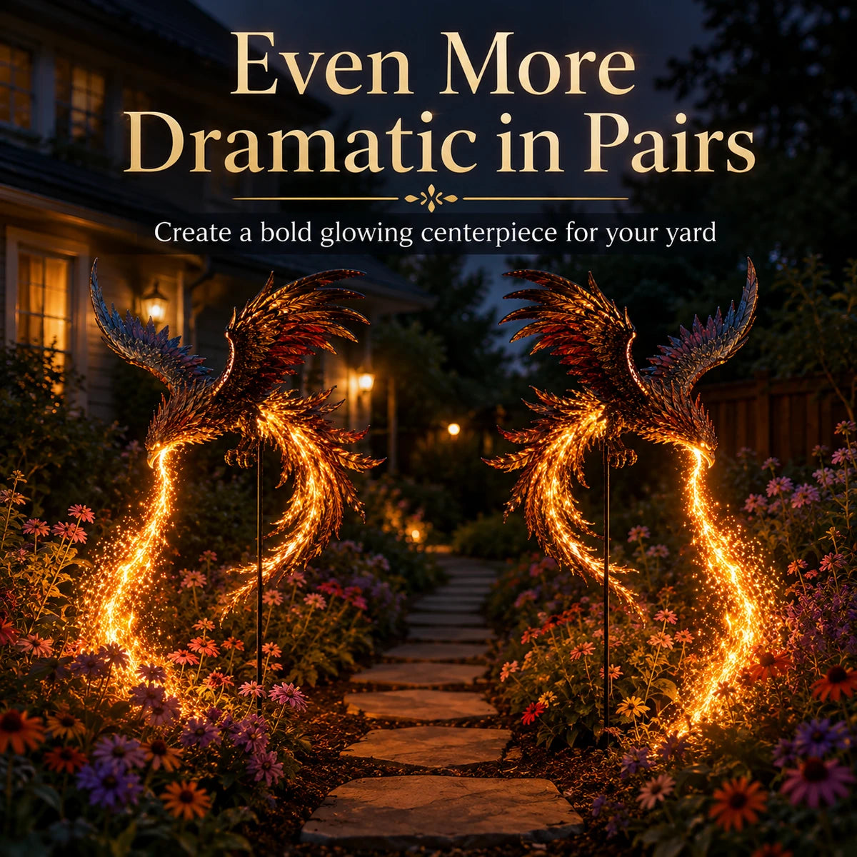 Pair of glowing phoenix garden stakes along a garden path
