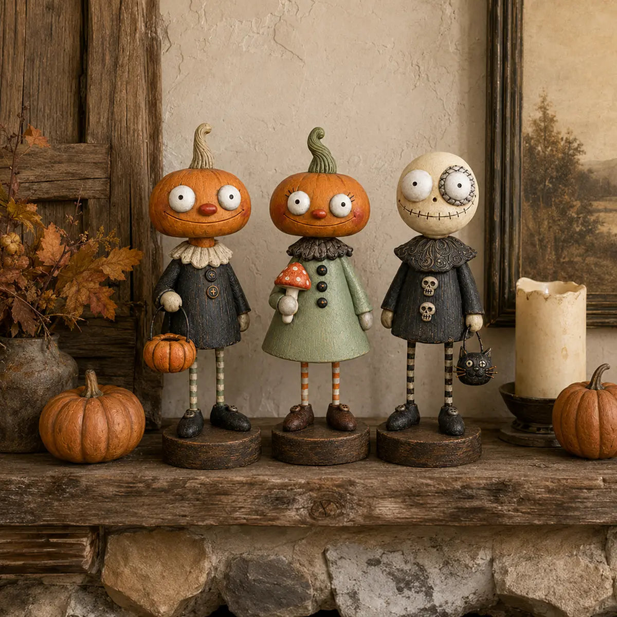 Three primitive pumpkin friend figurines styled on a rustic fall mantel