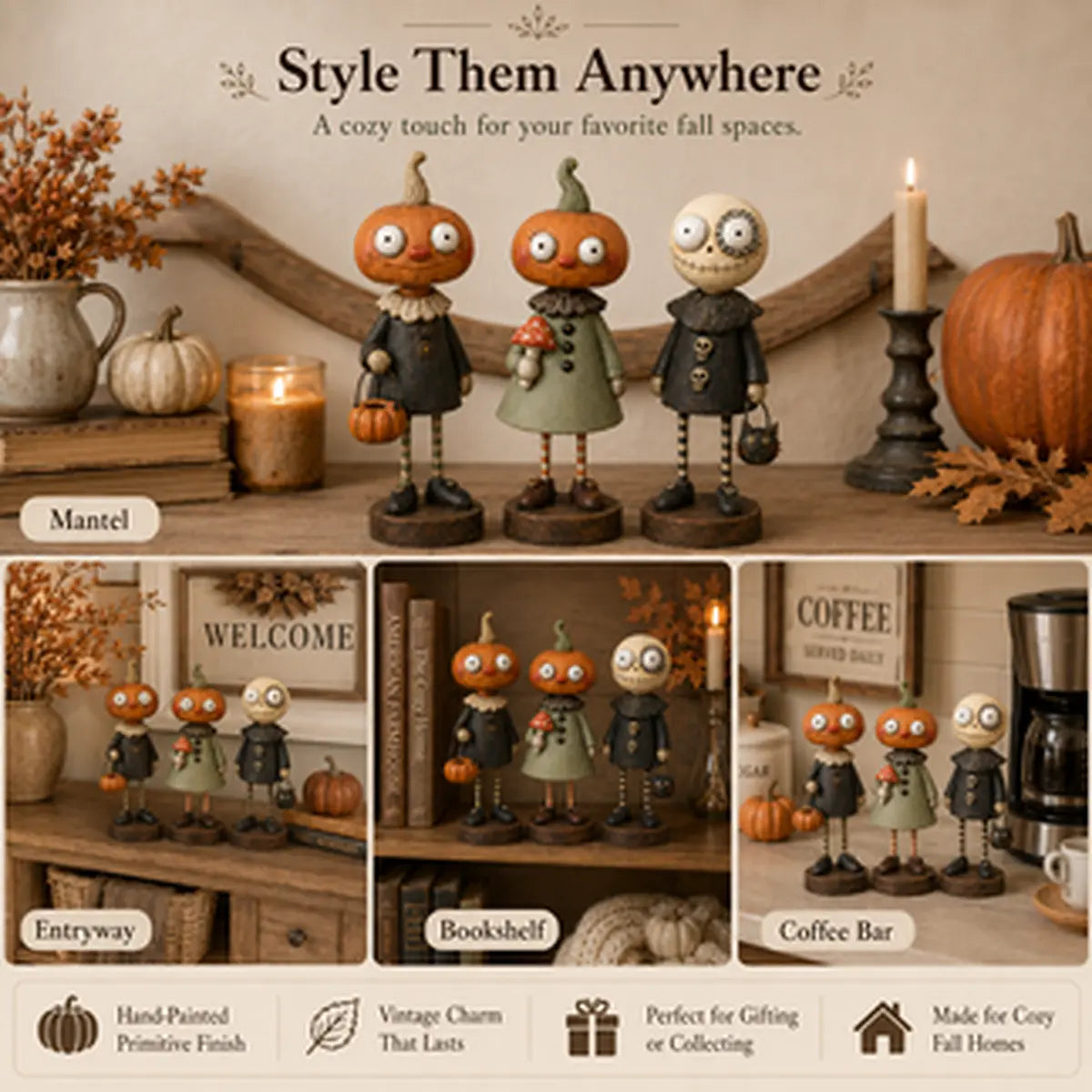 Pumpkin friend figurines displayed on a mantel, entryway, bookshelf and coffee bar