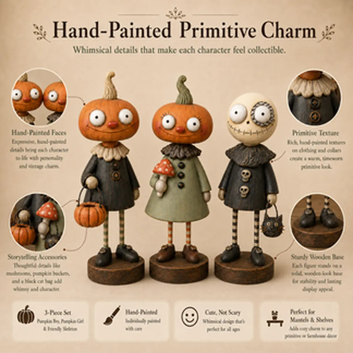 Close-up view of expressive faces, clothing and miniature accessories