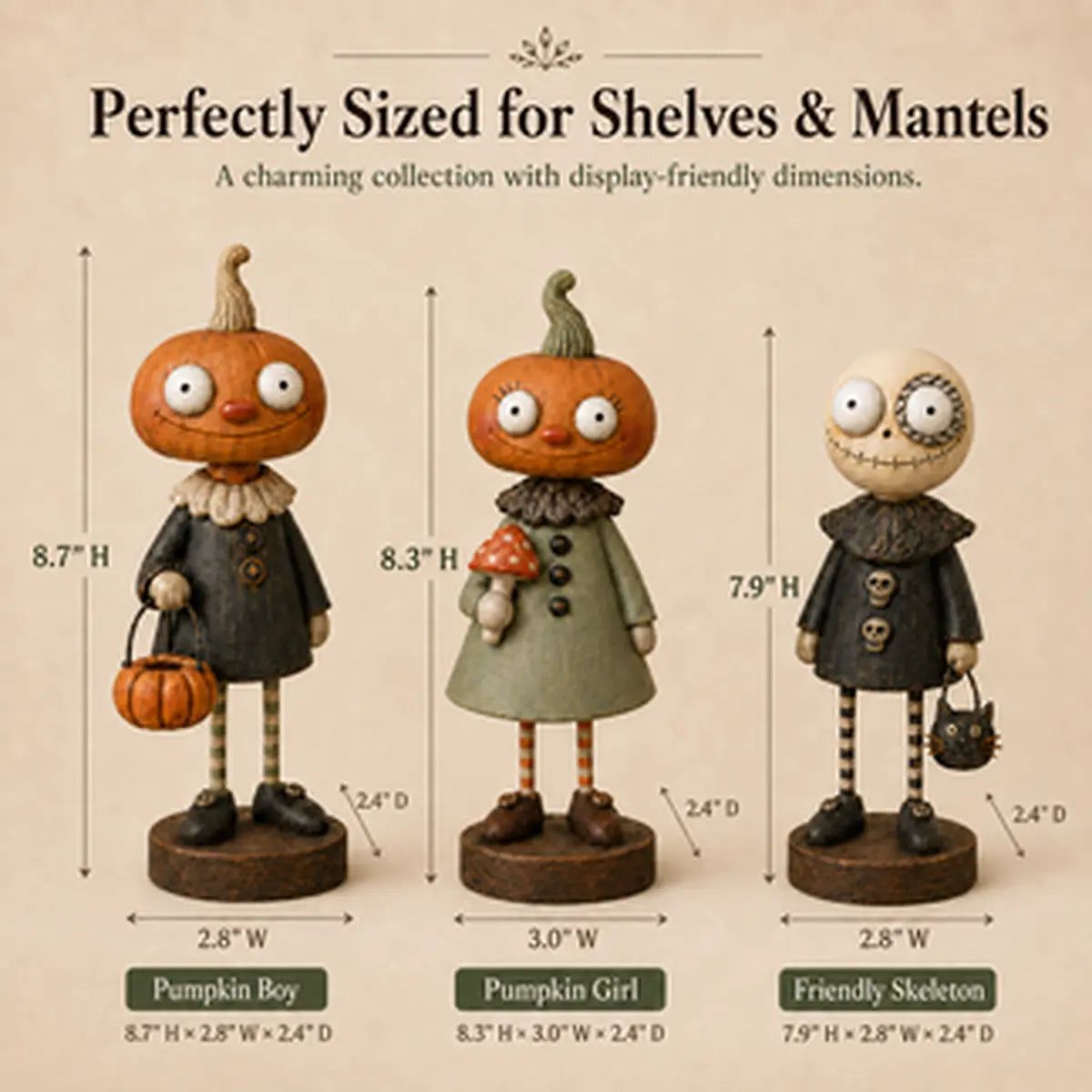 Dimensions of the three Primitive Pumpkin Friends figurines