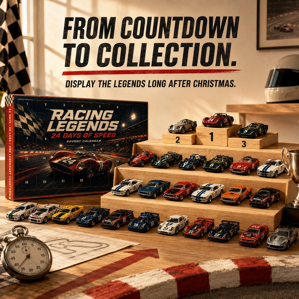 Racing advent calendar with cars displayed as a collection