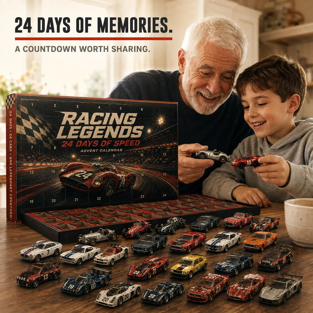 Grandfather and child opening racing advent calendar