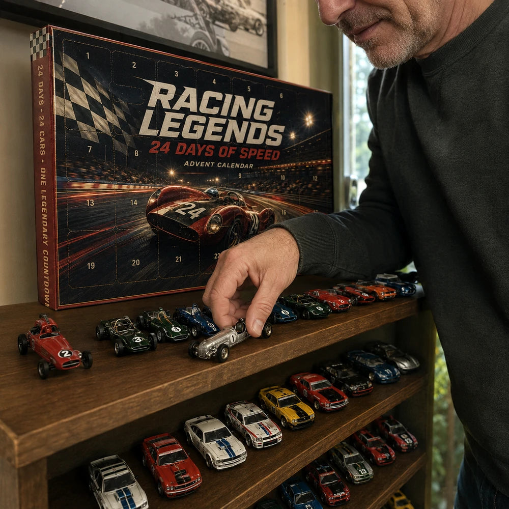Racing Legends cars displayed on a shelf