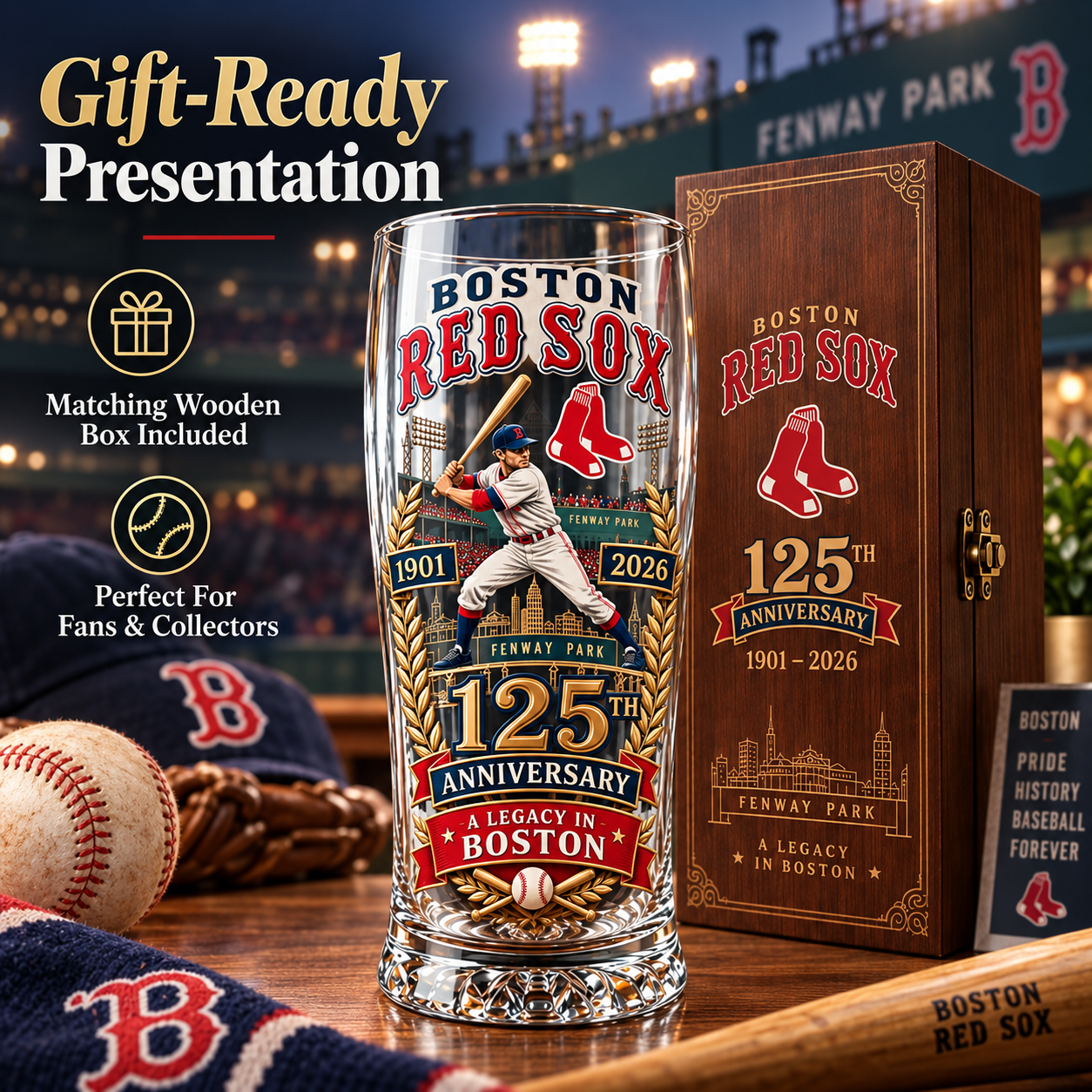 Boston Red Sox collector glass with matching wooden presentation box