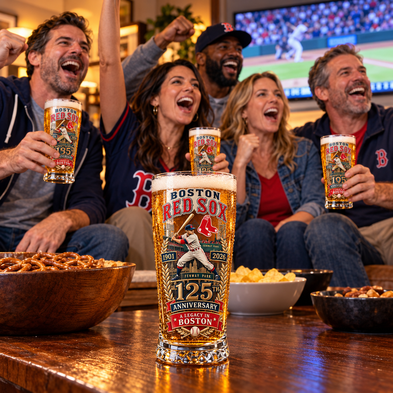 Fans cheering at home with Boston Red Sox anniversary glasses during a game