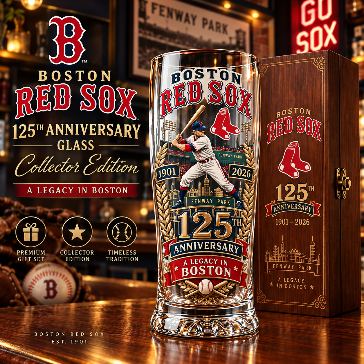 Collector edition product image of the Boston Red Sox 125th anniversary glass and wooden box