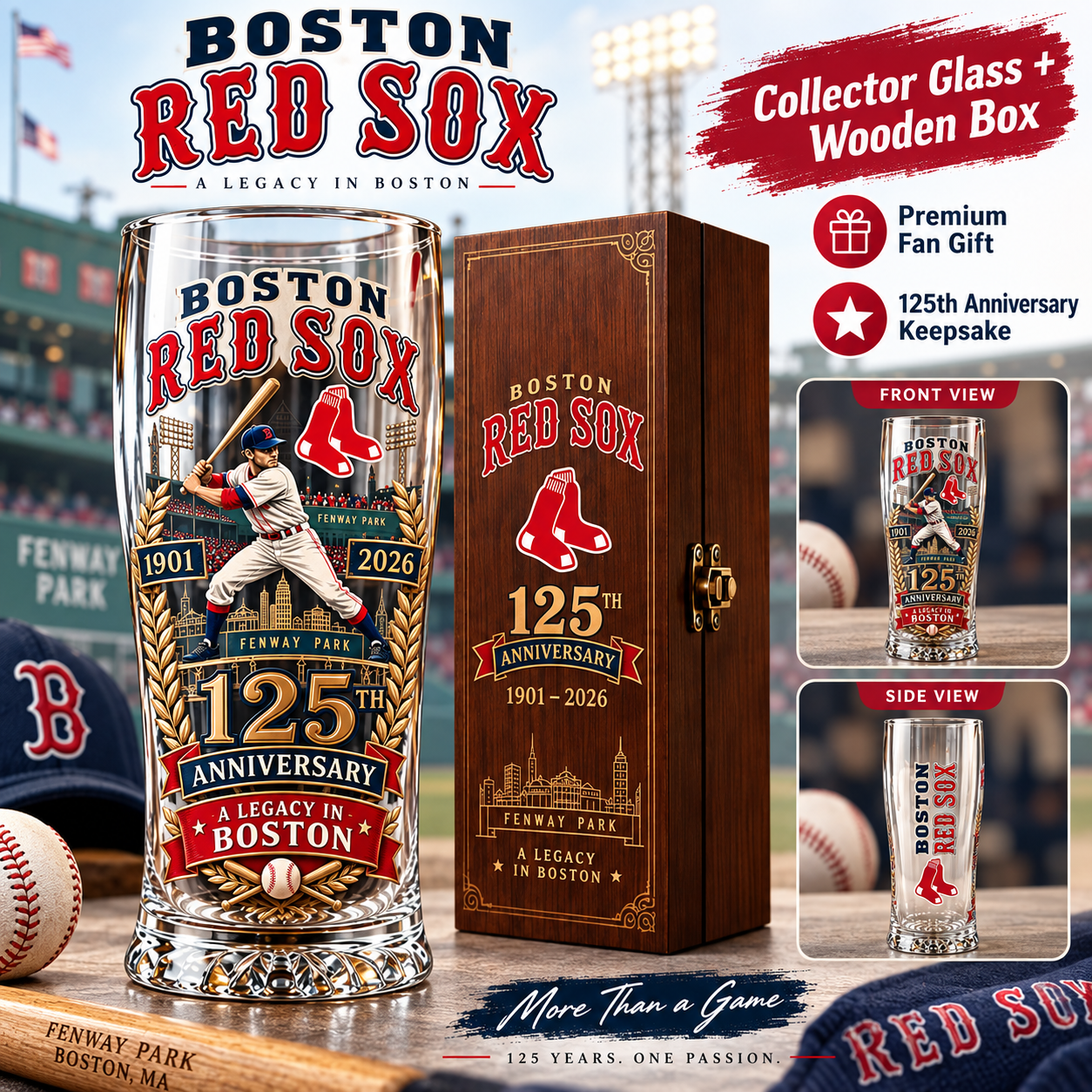 Collector set showing the Boston Red Sox 125th anniversary glass with matching wooden box and front and side views