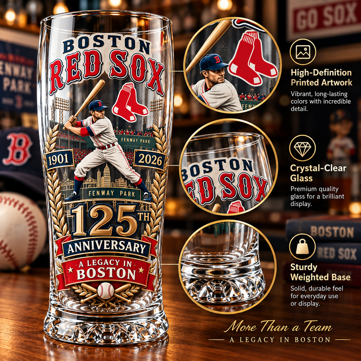 Close-up feature view of Boston Red Sox collector glass showing printed artwork, clear glass, and weighted base