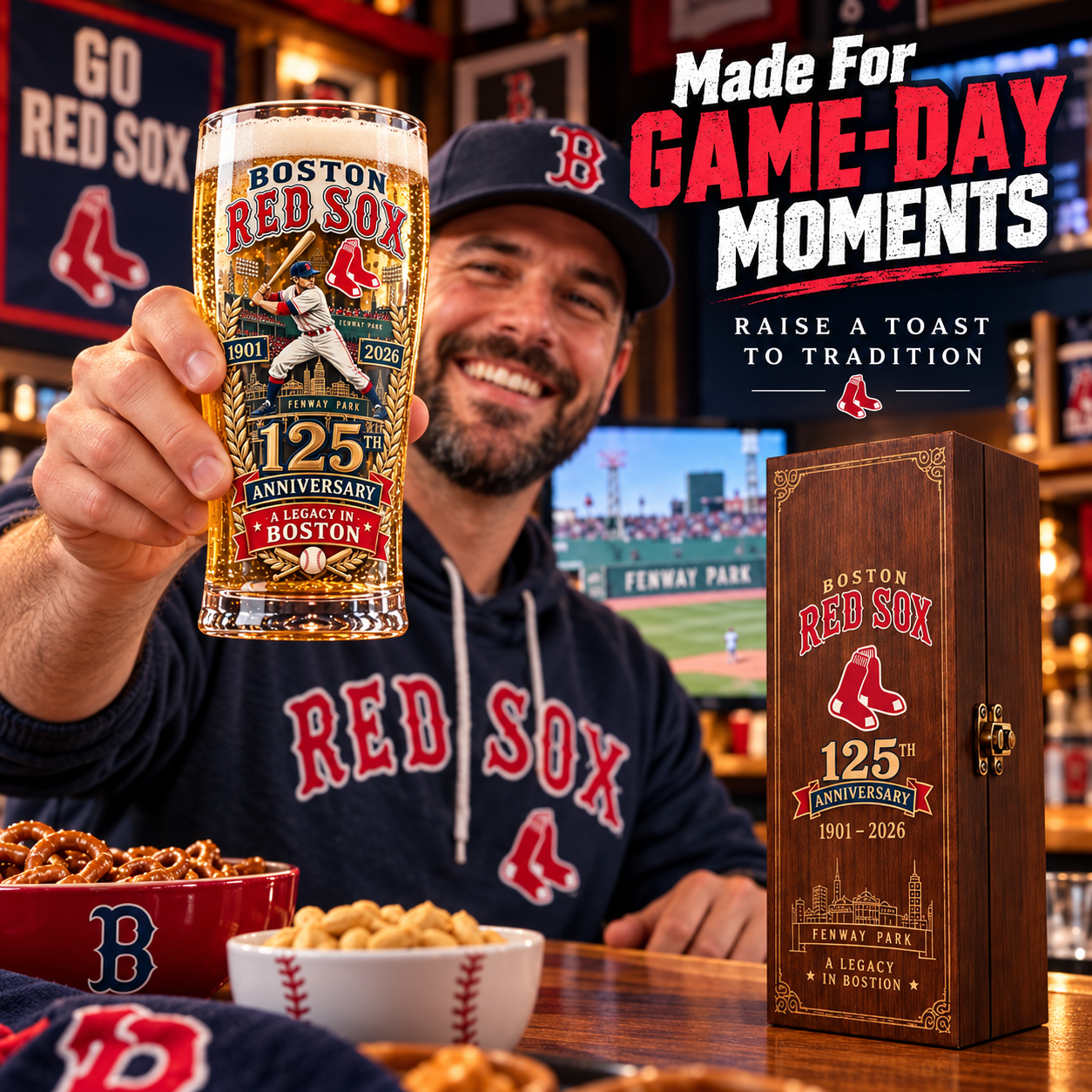 Red Sox fan holding up the Boston Red Sox 125th anniversary glass during a game-day moment
