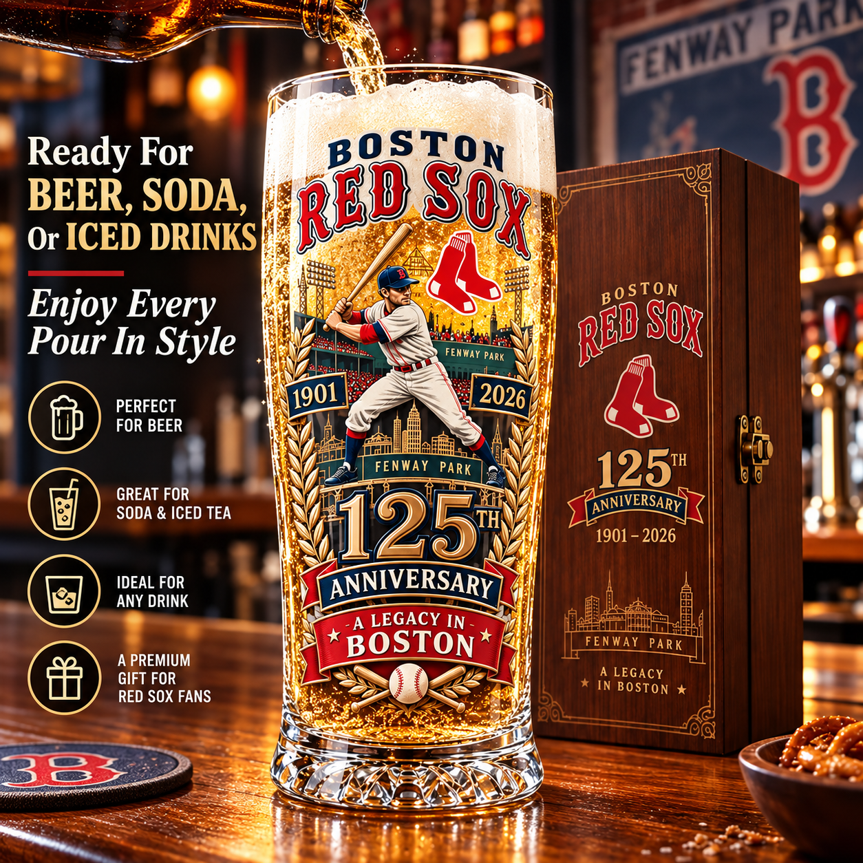 Boston Red Sox 125th anniversary collector glass filled with beer beside matching wooden gift box
