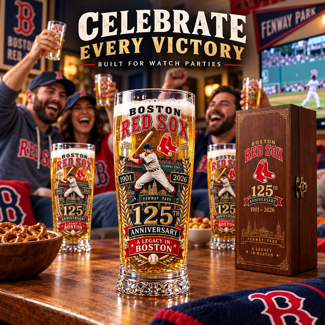 Boston Red Sox anniversary glass showcased at a watch party with fans cheering in the background