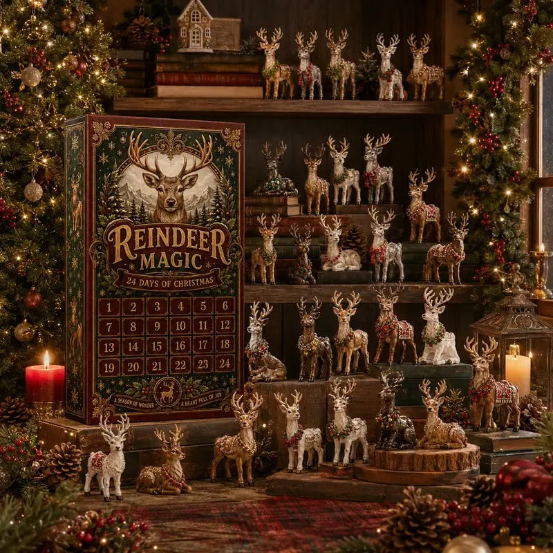 Twenty-four unique festive reindeer displayed around the advent calendar