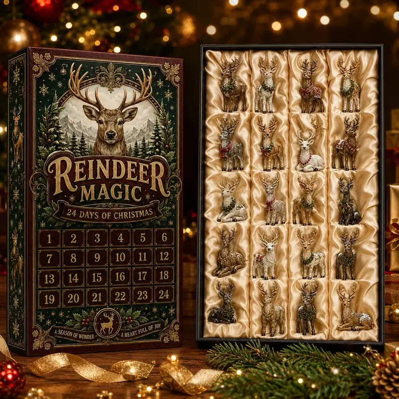 Reindeer Magic 24-day advent calendar beside its complete ornament collection