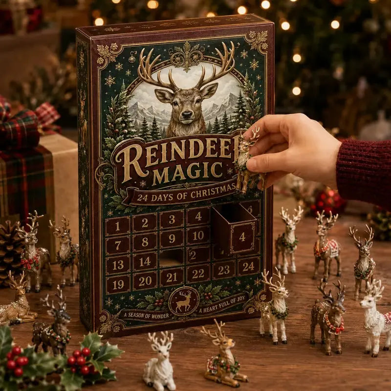 Hand opening a numbered compartment on the Reindeer Magic advent calendar