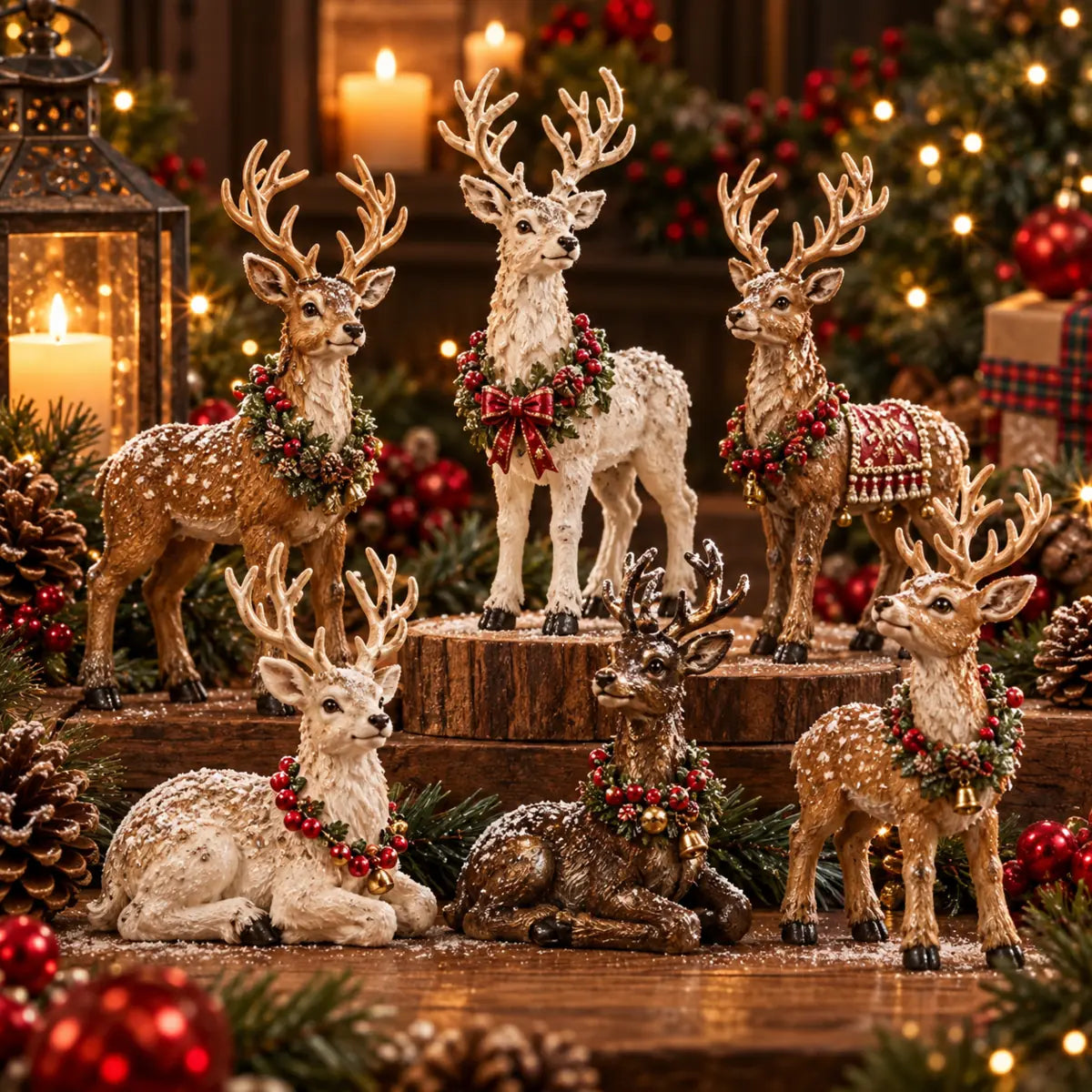 Close view of detailed brown and white Christmas reindeer figures