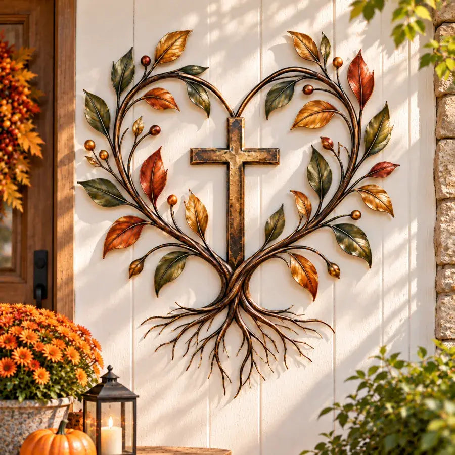 Faith and Harvest Tree wall art displayed beside a front door