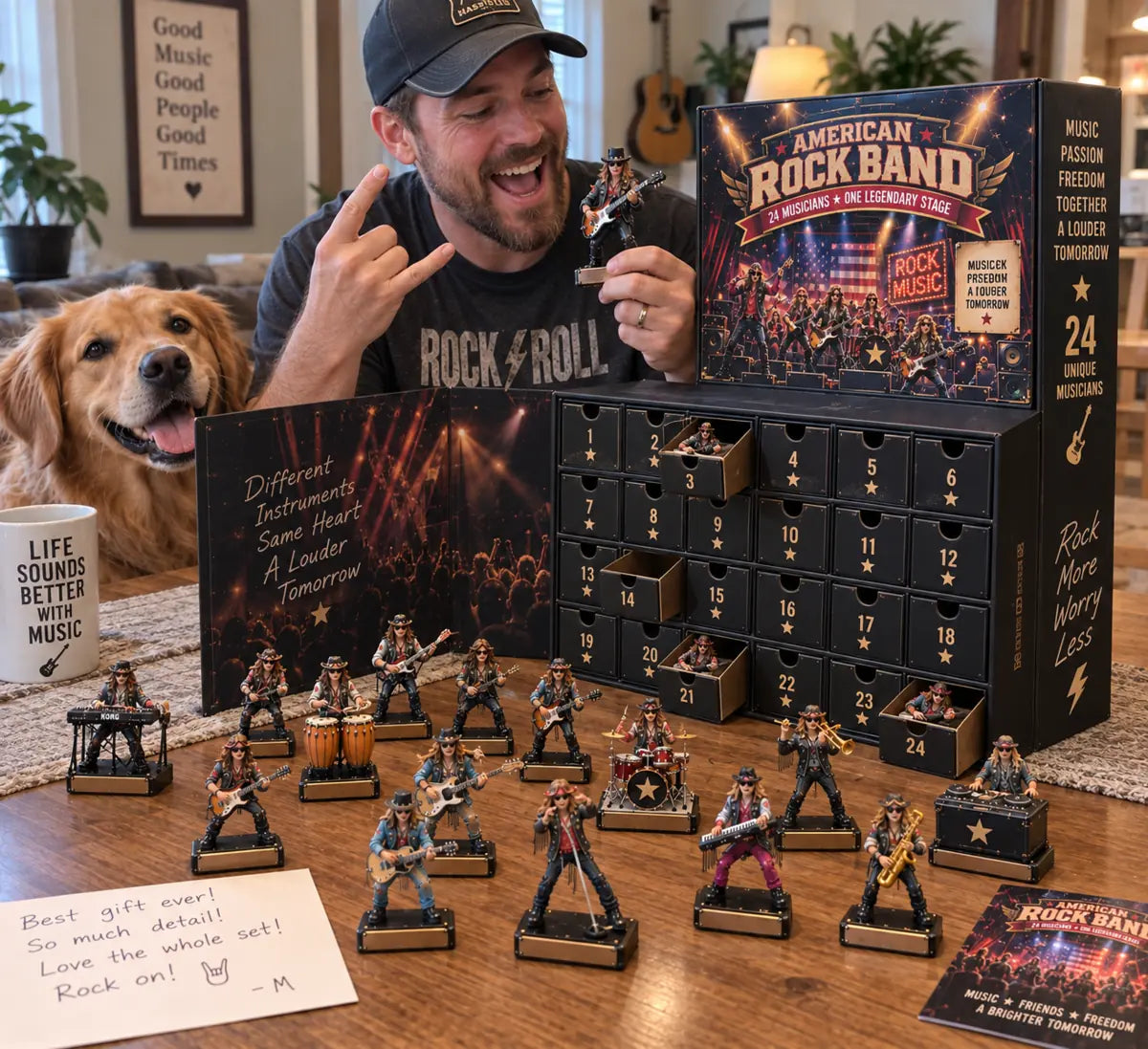 Rock music fan displaying the complete figure collection