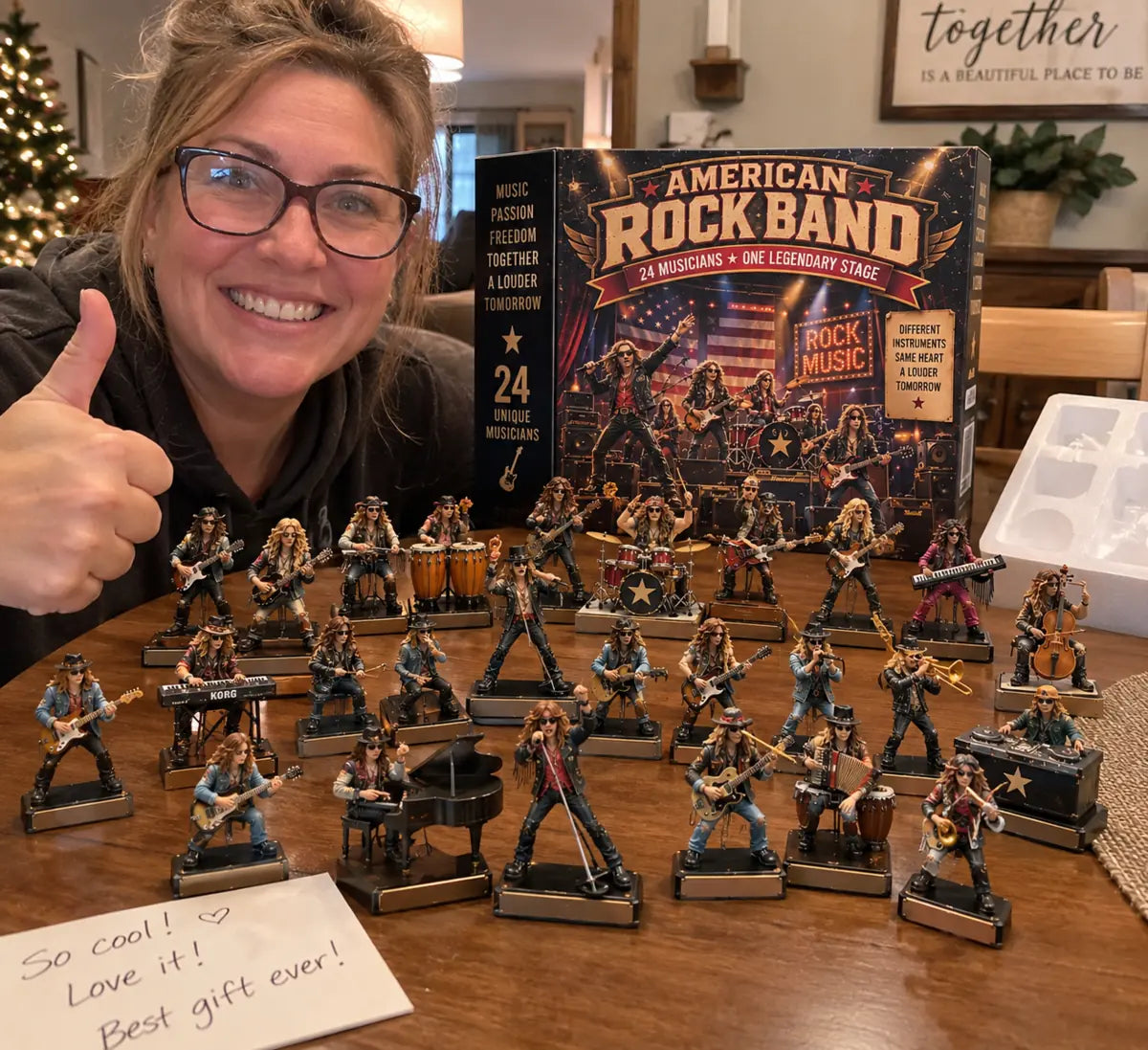 Customer smiling beside the complete American Rock Band display