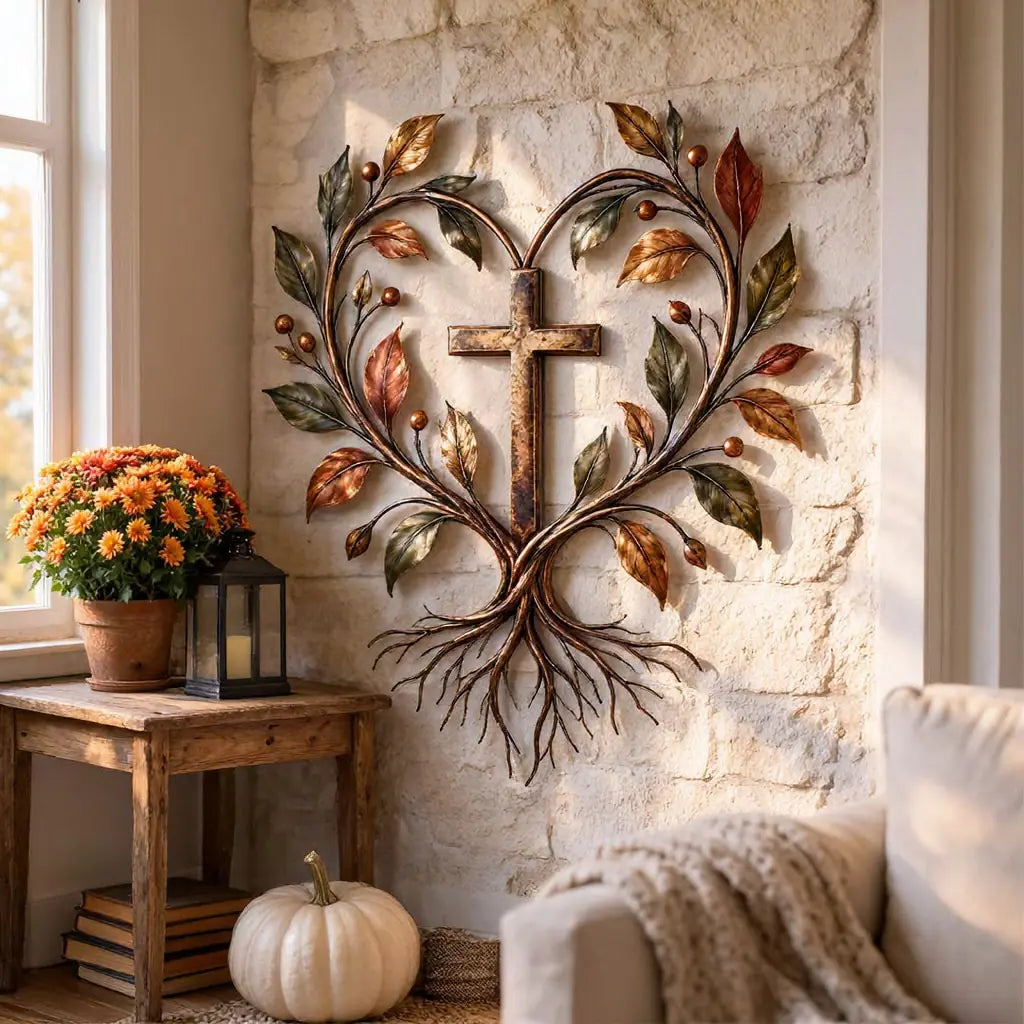Tree of Life cross wall art displayed on a bright stone living-room wall