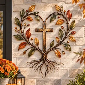 Christian Tree of Life wall art styled with flowers and a lantern