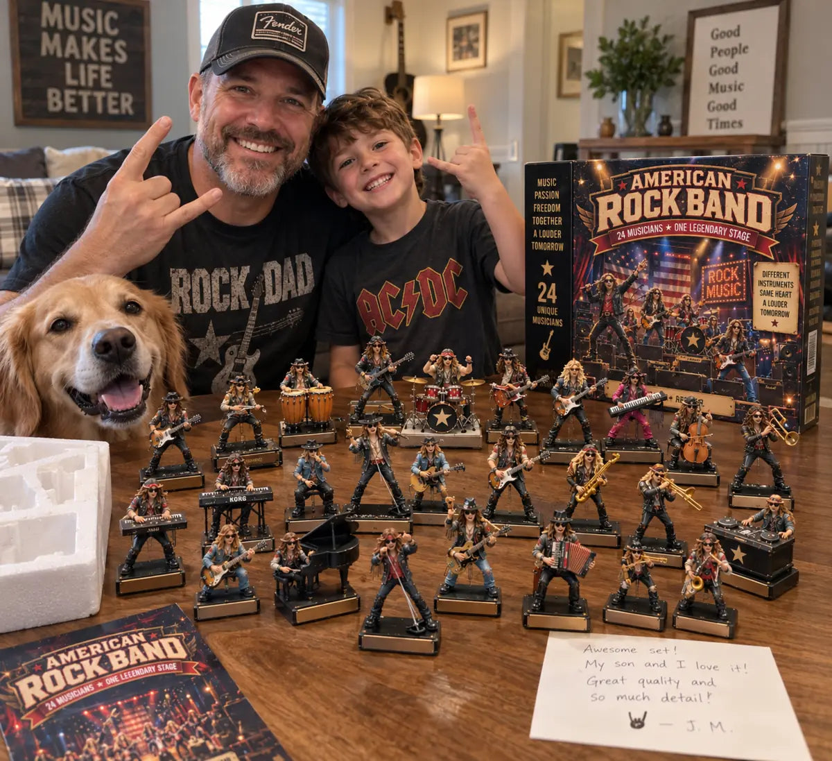 Family enjoying the 24-piece rock band figure display