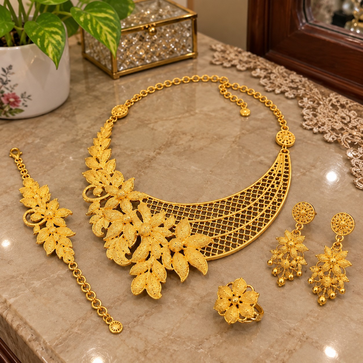 Customer photo of jewelry set laid out on a dresser
