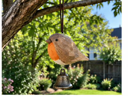 Hand-carved Wooden Robin Wind Chime | Rustic Bird Hanging Ornament, Nature Lover Gift
