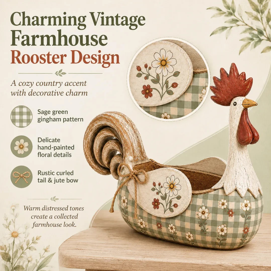 Design details of the vintage farmhouse rooster utensil holder
