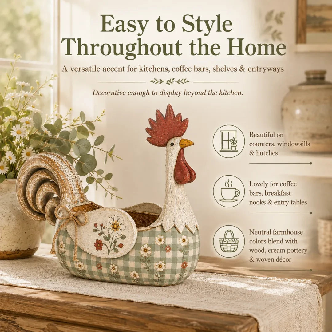 Vintage farmhouse rooster holder styled around the home