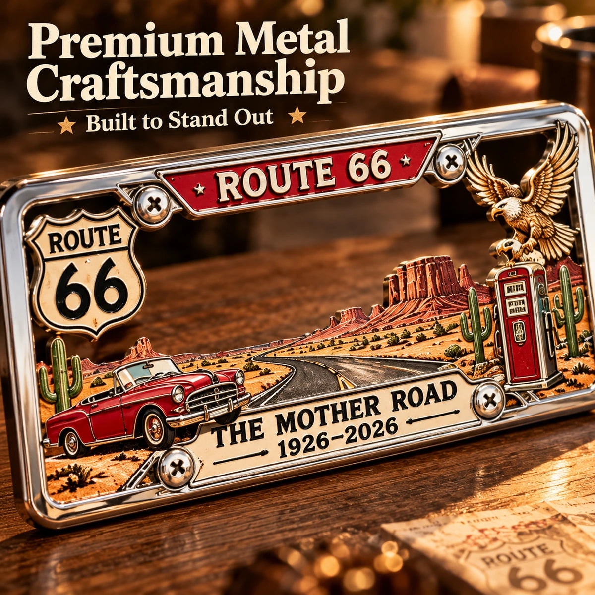 Illustrative close-up of vintage Route 66 metalwork and American road-trip motifs
