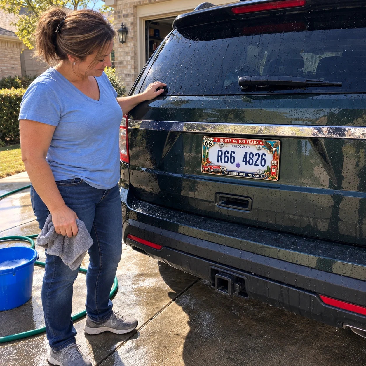 Woman standing beside a Ford Explorer with Route 66 frame