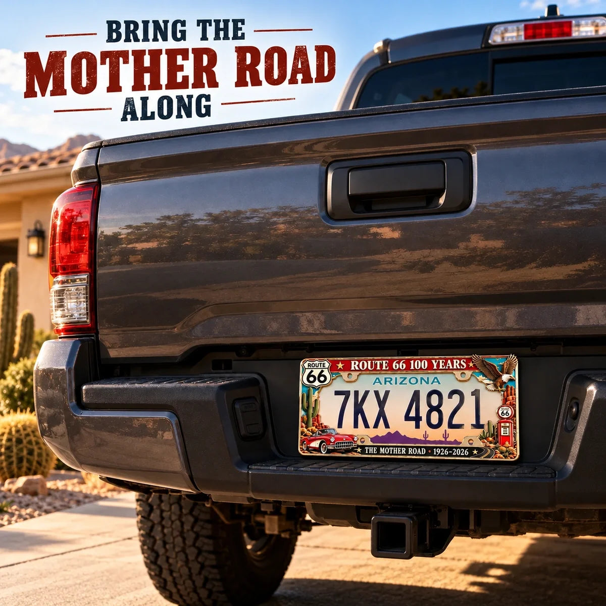 Route 66 frame on a pickup truck against an American desert-inspired backdrop