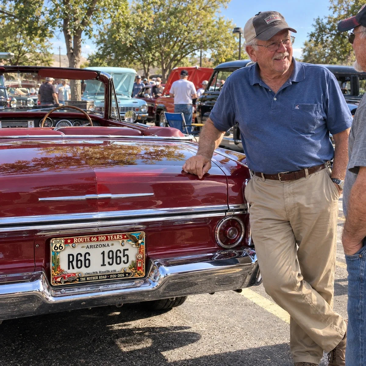 Classic convertible at a vintage car gathering with Route 66 plate frame